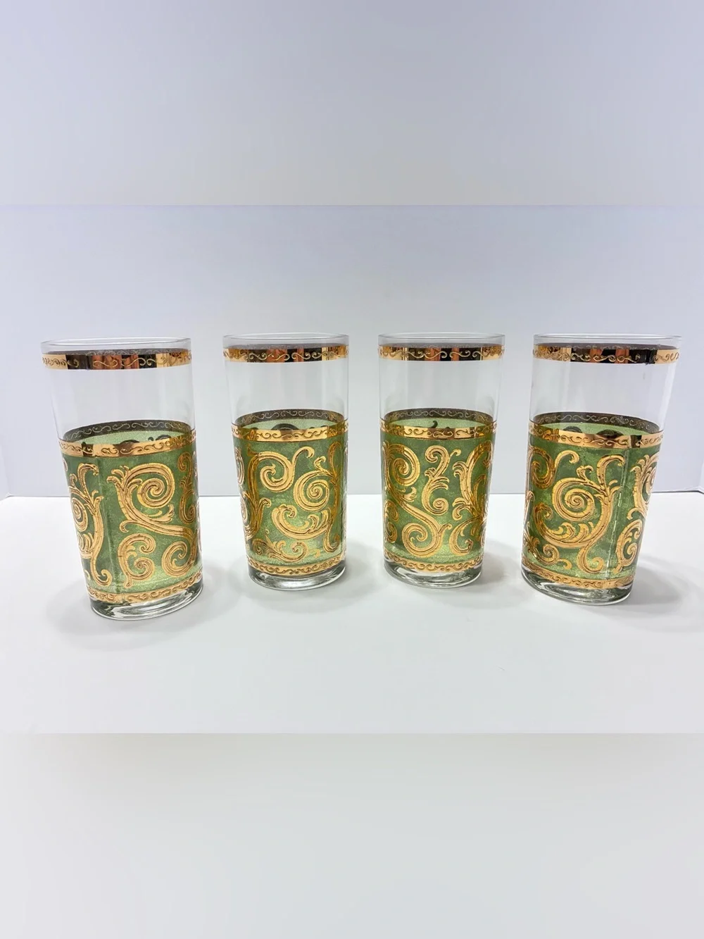 MCM Set of 4 Culver TOLEDO Green Gold Scroll Highball Glasses Tumblers 12 oz.